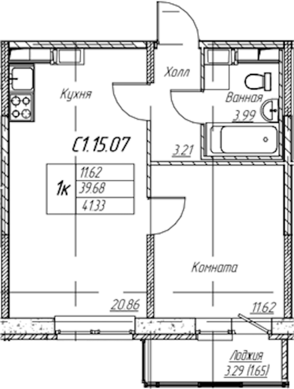 1-комнатная квартира 41.33 м², 15/22 эт., ЖК «Парк-квартал Юнтолово»